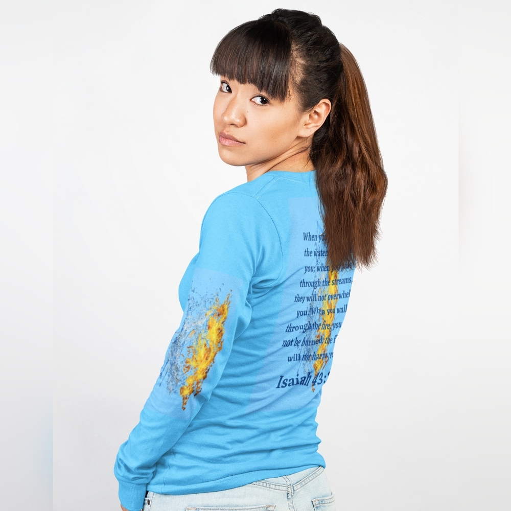 Blue long sleeve Isaiah 43:2 graphic shirt